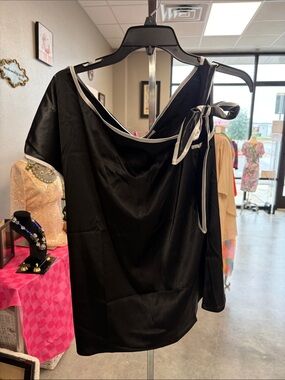 Black One-Shoulder Satin Blouse with Tie Detail